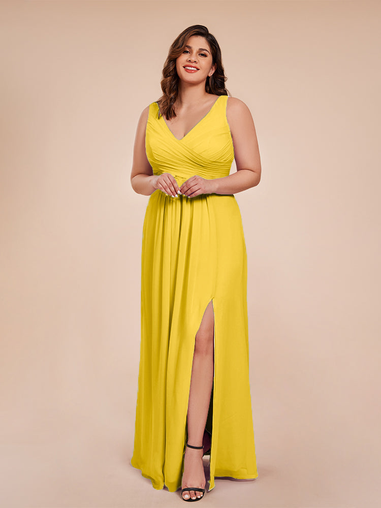 Jurnee Floor Length V-neck Ruched Chiffon Plus Size Bridesmaid Dress