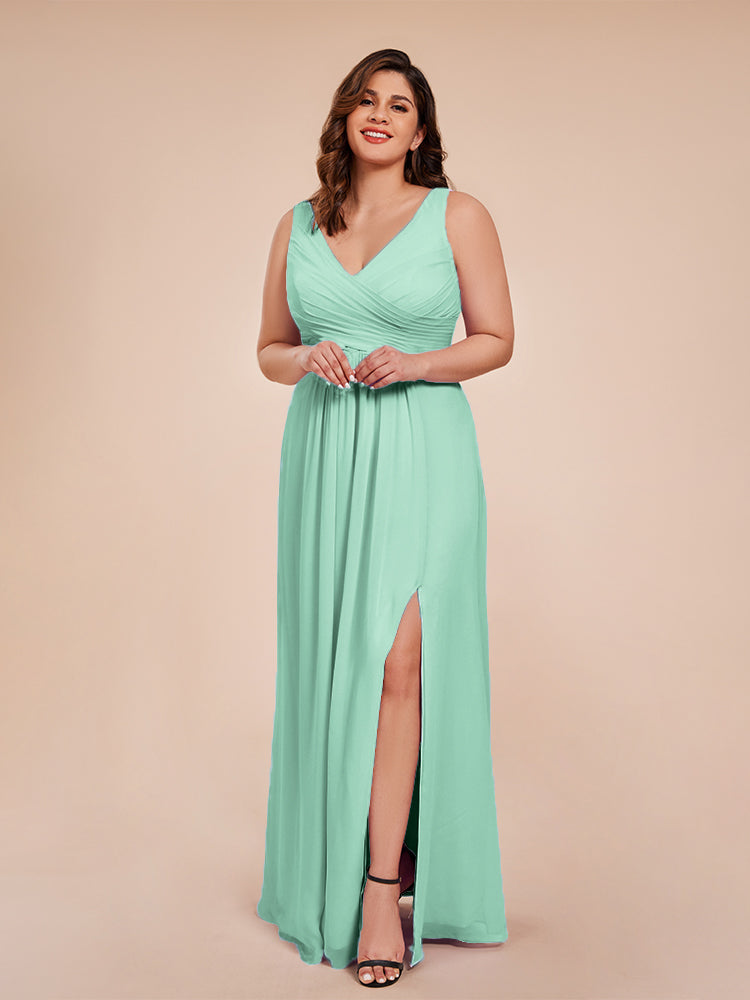 Jurnee Floor Length V-neck Ruched Chiffon Plus Size Bridesmaid Dress