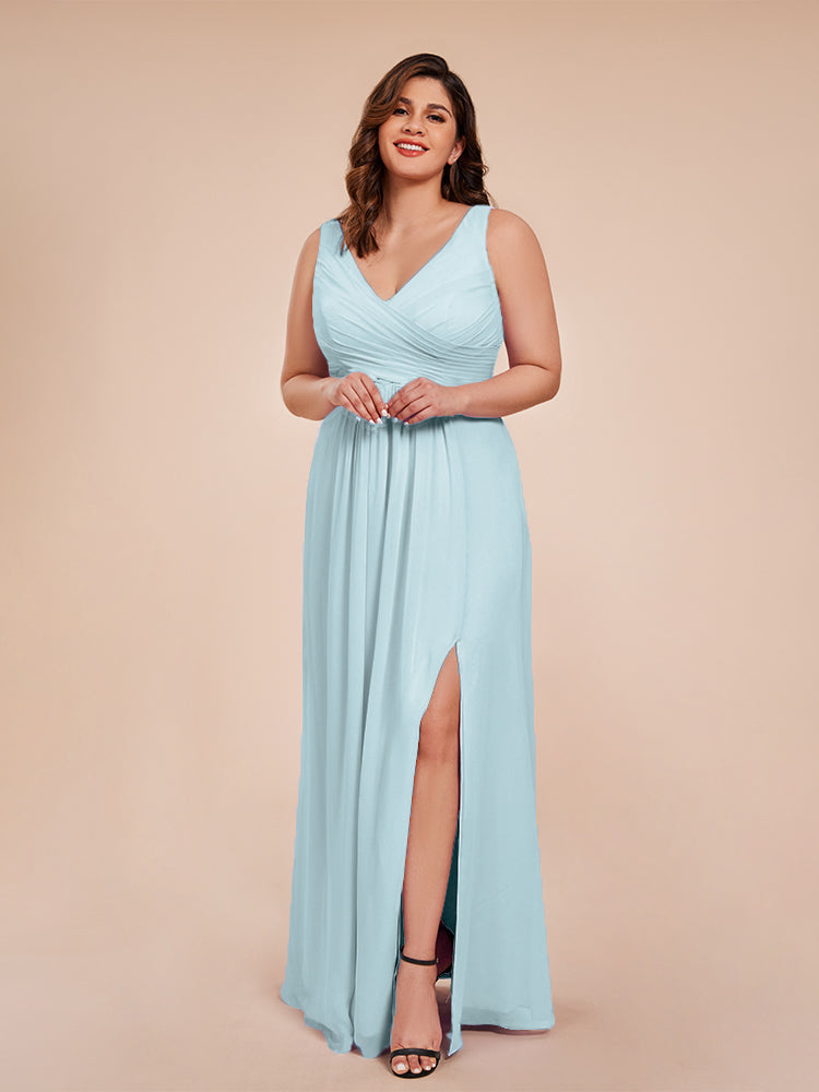 Jurnee Floor Length V-neck Ruched Chiffon Plus Size Bridesmaid Dress