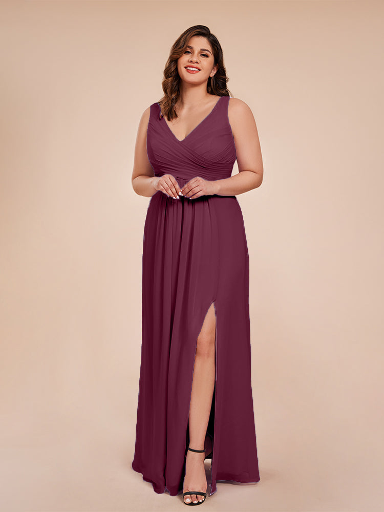 Jurnee Floor Length V-neck Ruched Chiffon Plus Size Bridesmaid Dress