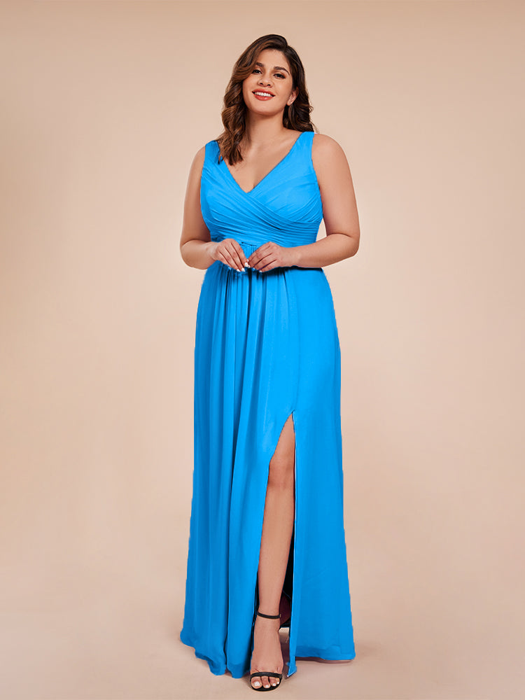 Jurnee Floor Length V-neck Ruched Chiffon Plus Size Bridesmaid Dress