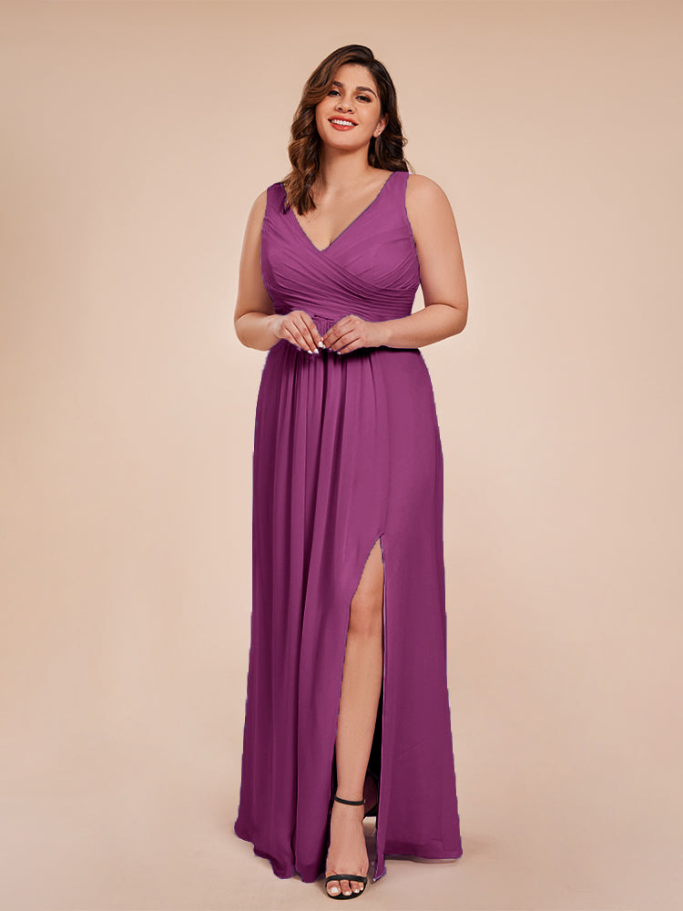 Jurnee Floor Length V-neck Ruched Chiffon Plus Size Bridesmaid Dress