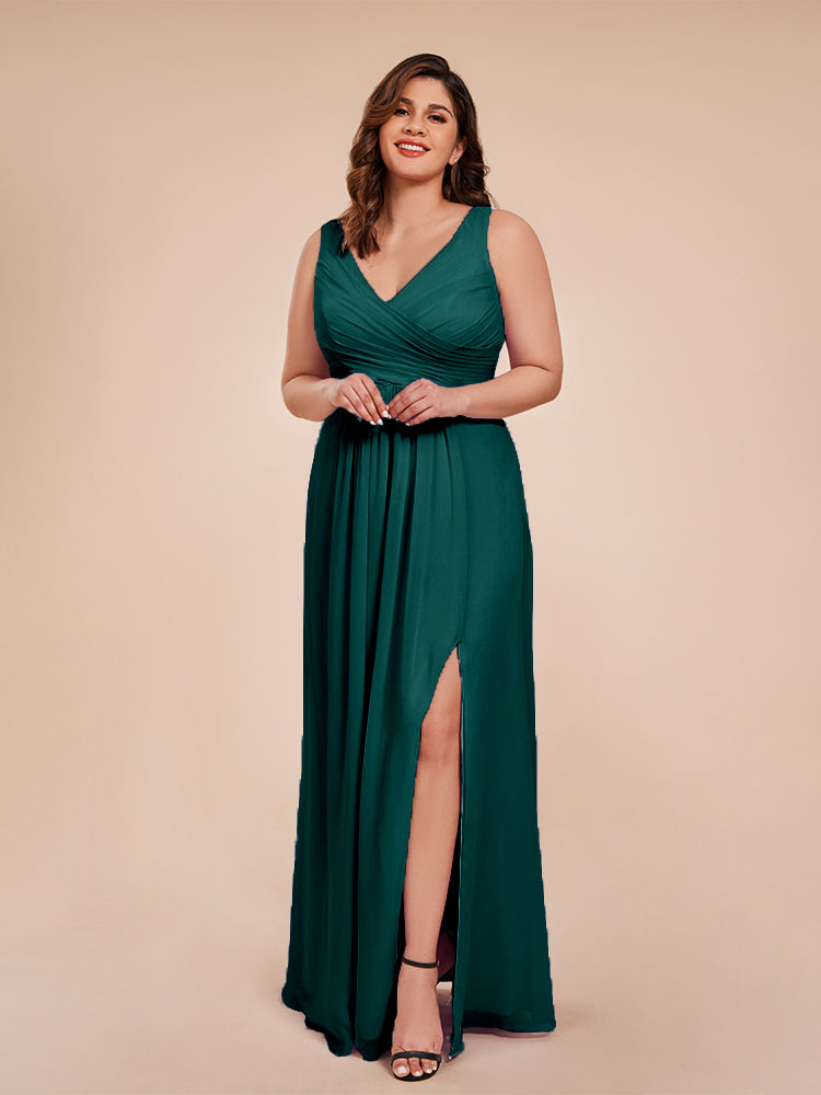 Jurnee Floor Length V-neck Ruched Chiffon Plus Size Bridesmaid Dress