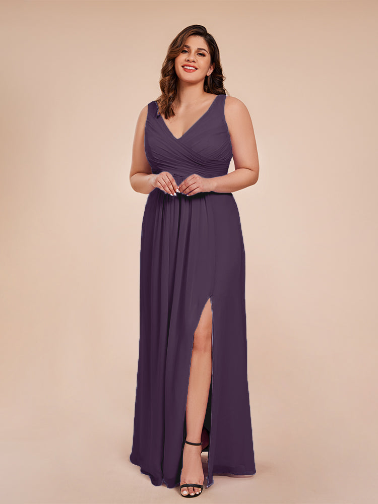 Jurnee Floor Length V-neck Ruched Chiffon Plus Size Bridesmaid Dress