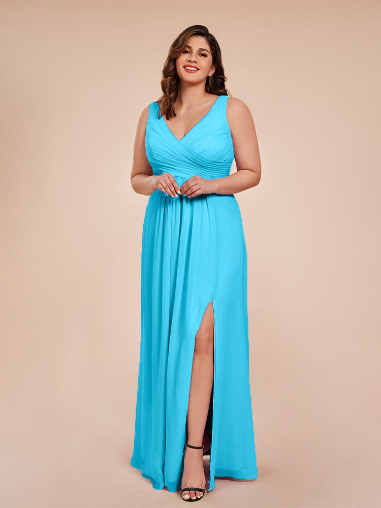 Jurnee Floor Length V-neck Ruched Chiffon Plus Size Bridesmaid Dress