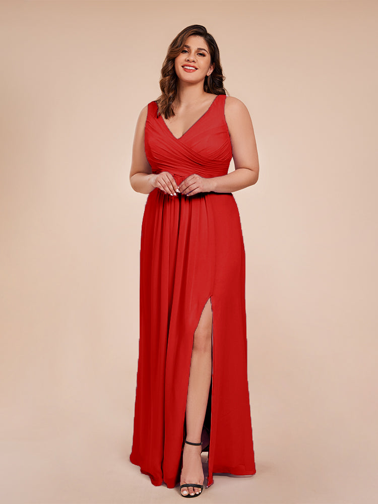 Jurnee Floor Length V-neck Ruched Chiffon Plus Size Bridesmaid Dress