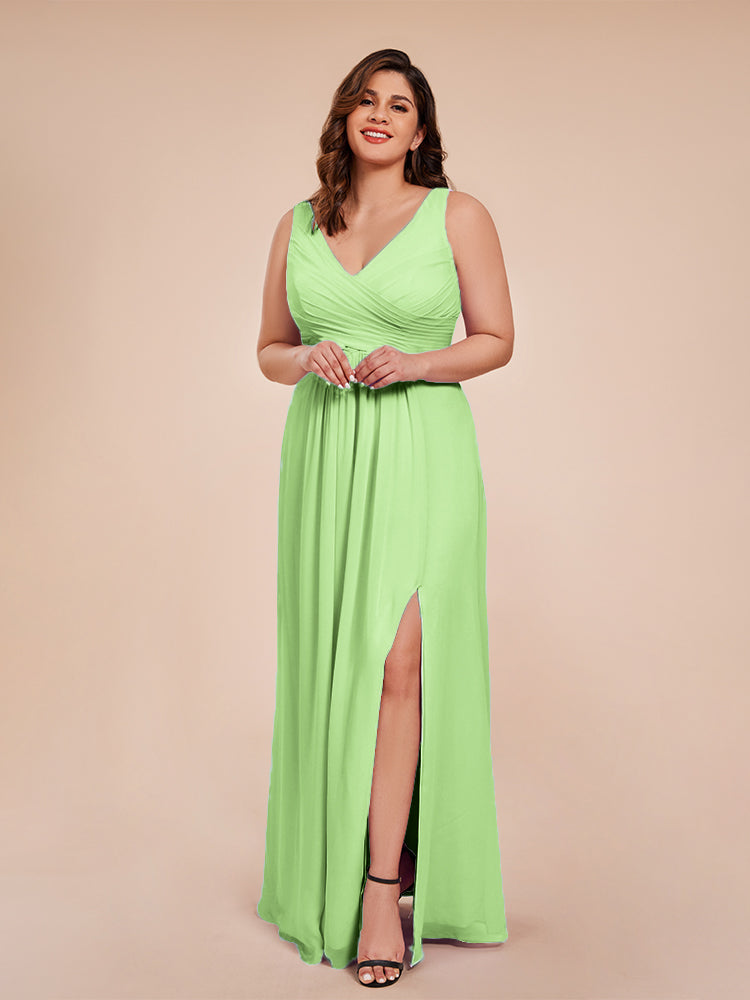 Jurnee Floor Length V-neck Ruched Chiffon Plus Size Bridesmaid Dress