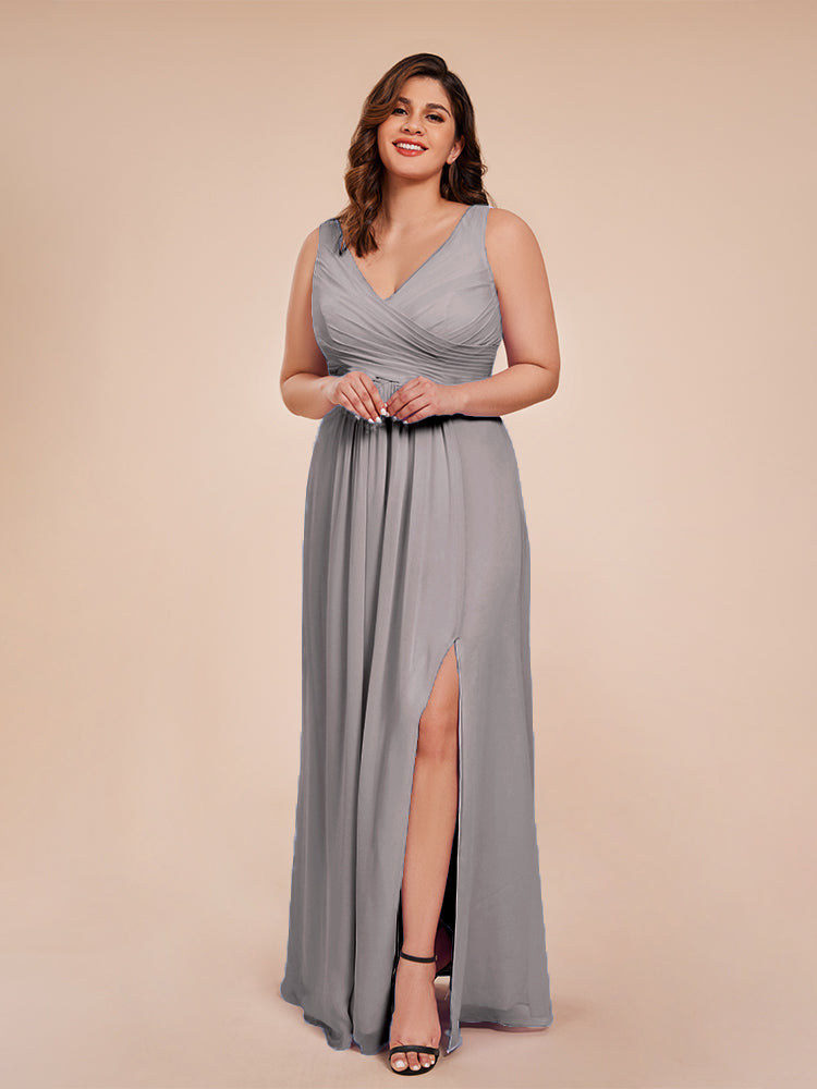 Jurnee Floor Length V-neck Ruched Chiffon Plus Size Bridesmaid Dress