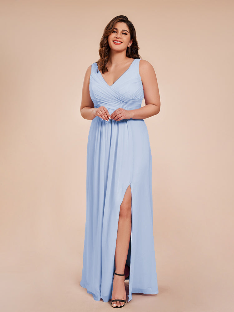 Jurnee Floor Length V-neck Ruched Chiffon Plus Size Bridesmaid Dress