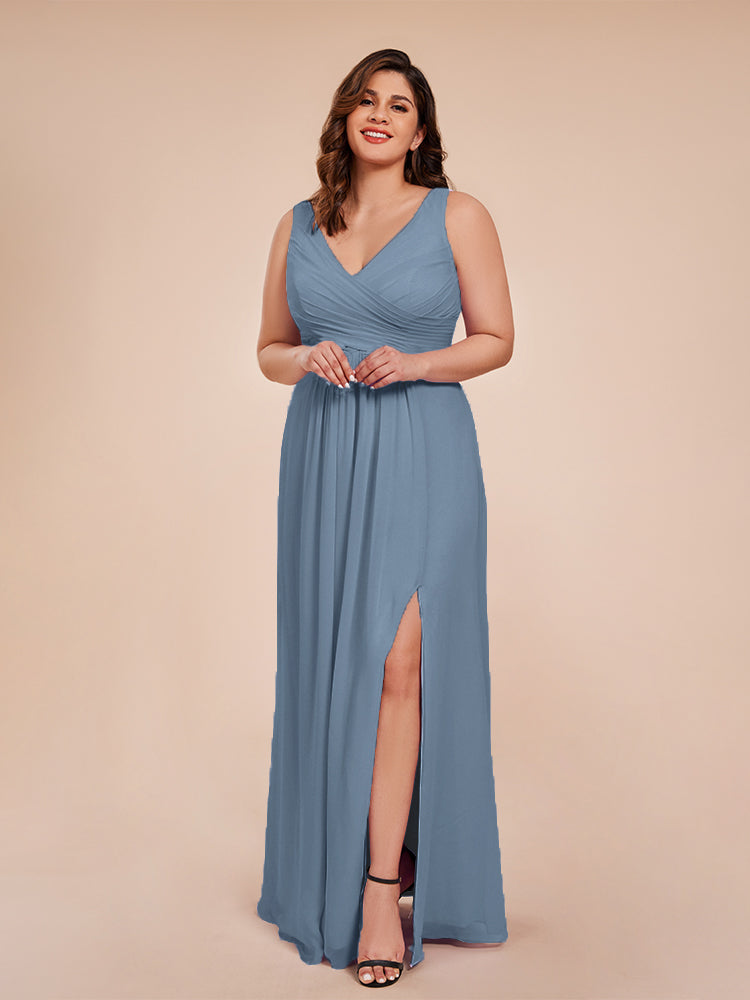 Jurnee Floor Length V-neck Ruched Chiffon Plus Size Bridesmaid Dress