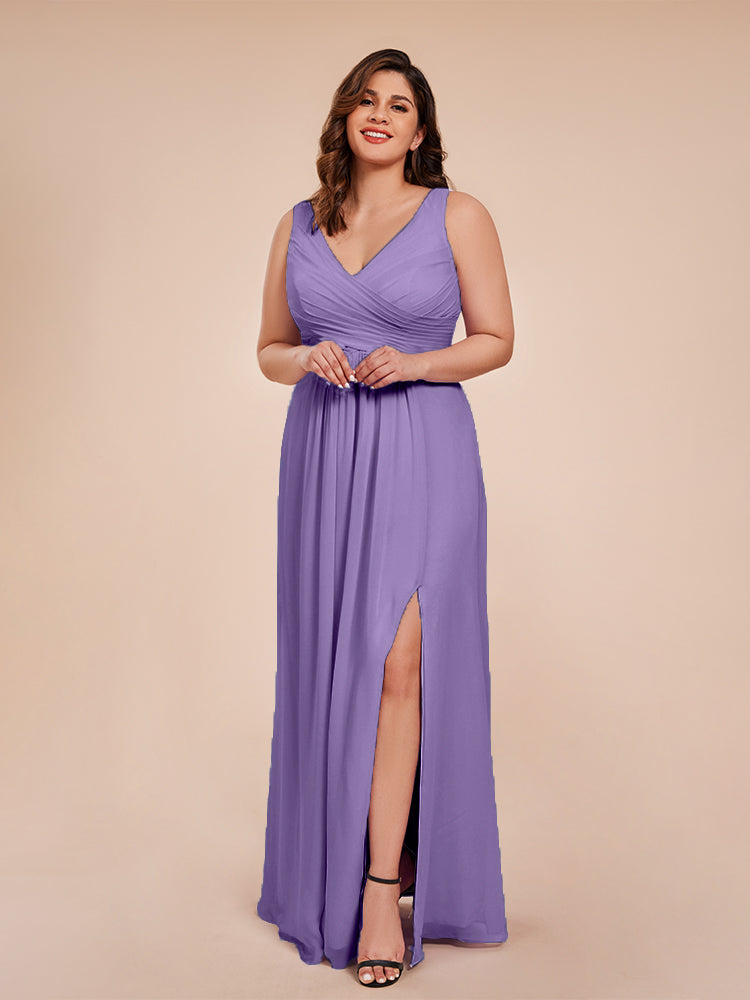 Jurnee Floor Length V-neck Ruched Chiffon Plus Size Bridesmaid Dress