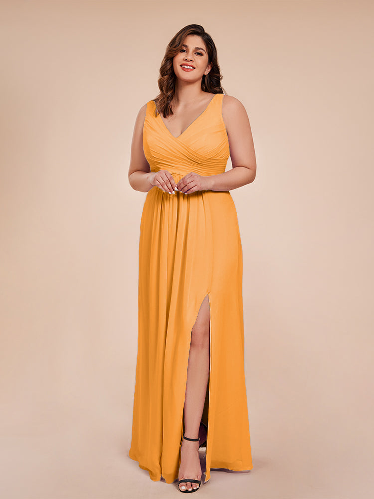 Jurnee Floor Length V-neck Ruched Chiffon Plus Size Bridesmaid Dress