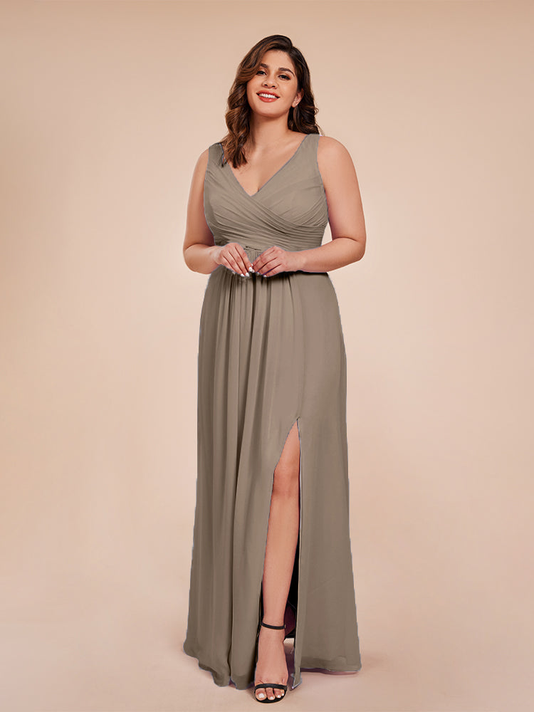 Jurnee Floor Length V-neck Ruched Chiffon Plus Size Bridesmaid Dress