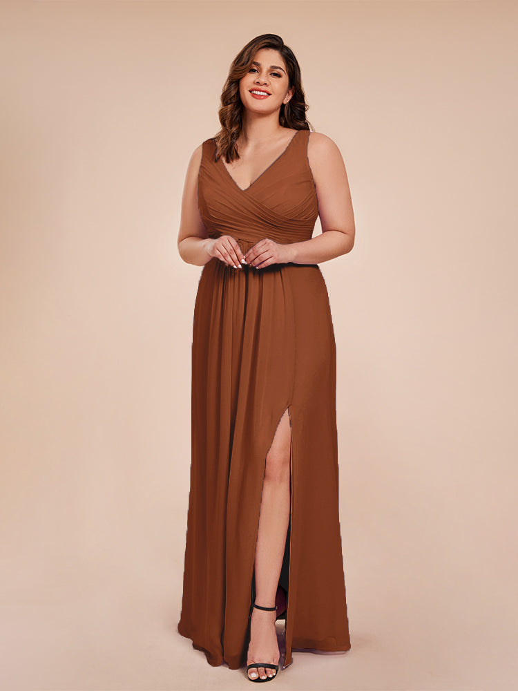 Jurnee Floor Length V-neck Ruched Chiffon Plus Size Bridesmaid Dress