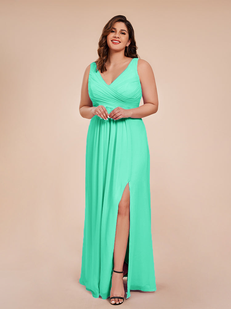 Jurnee Floor Length V-neck Ruched Chiffon Plus Size Bridesmaid Dress