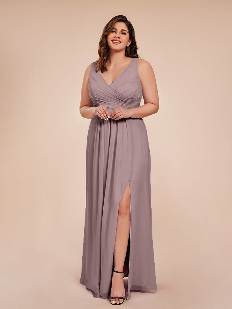 Jurnee Floor Length V-neck Ruched Chiffon Plus Size Bridesmaid Dress