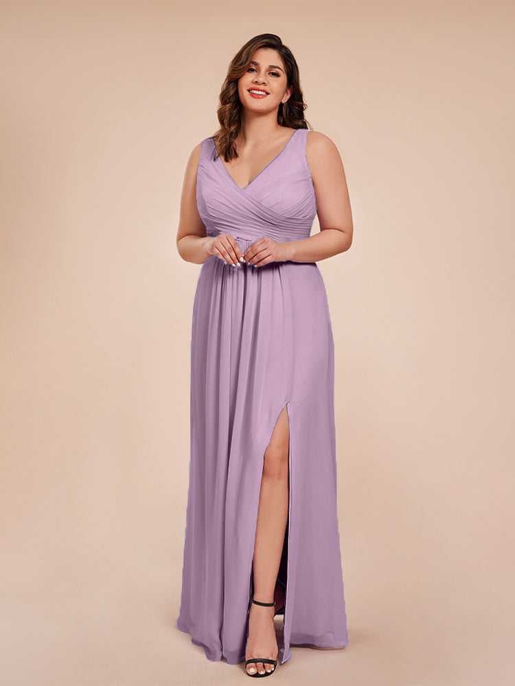 Jurnee Floor Length V-neck Ruched Chiffon Plus Size Bridesmaid Dress