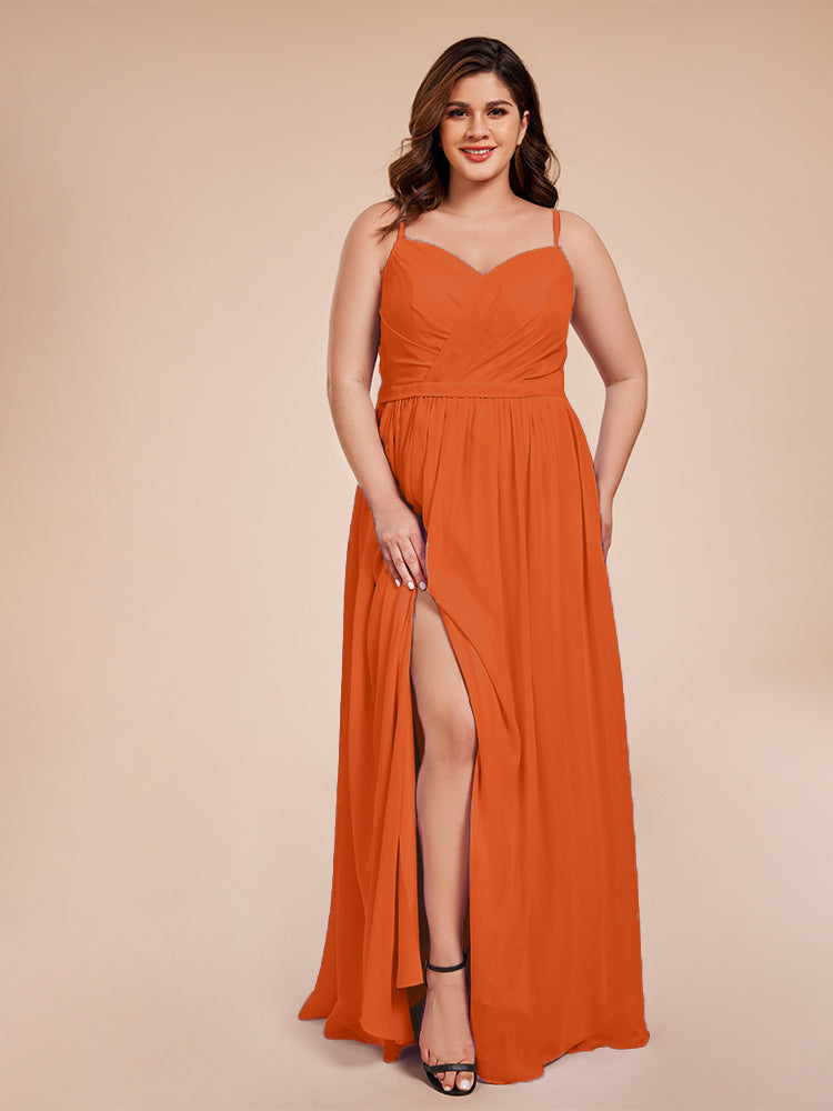 Kimora Spaghetti Straps Chiffon Plus Size Bridesmaid Dresses with Slit