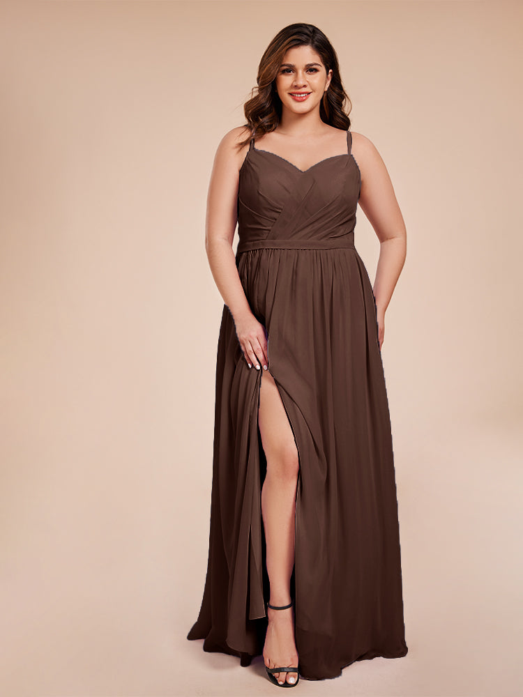 Kimora Spaghetti Straps Chiffon Plus Size Bridesmaid Dresses with Slit