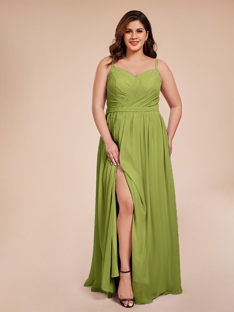 Kimora Spaghetti Straps Chiffon Plus Size Bridesmaid Dresses with Slit