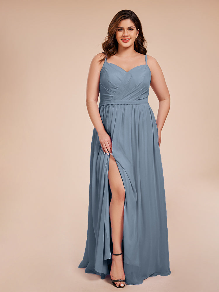 Kimora Spaghetti Straps Chiffon Plus Size Bridesmaid Dresses with Slit