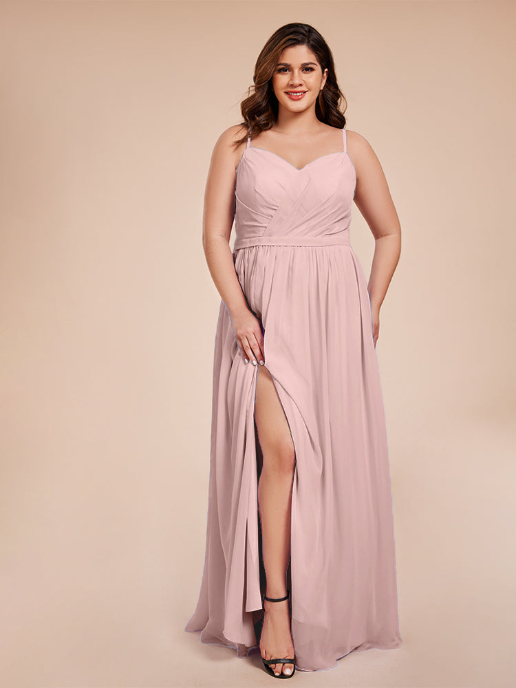 Kimora Spaghetti Straps Chiffon Plus Size Bridesmaid Dresses with Slit