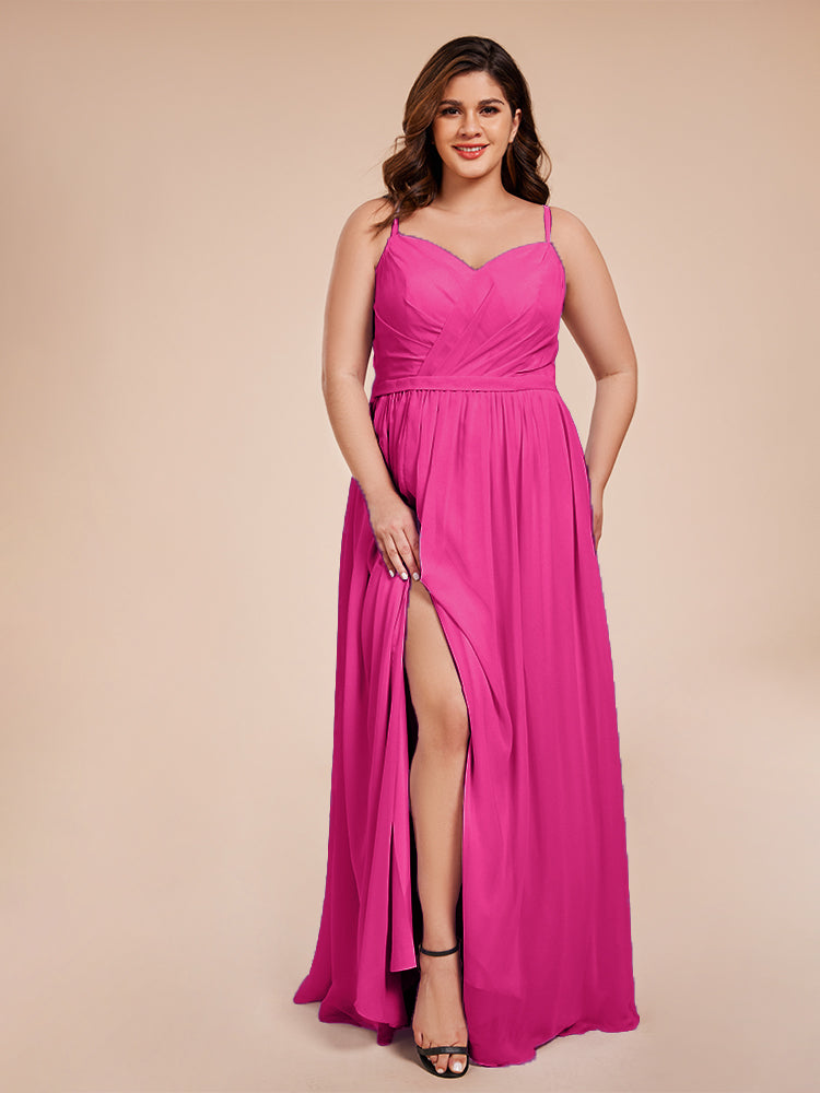 Kimora Spaghetti Straps Chiffon Plus Size Bridesmaid Dresses with Slit