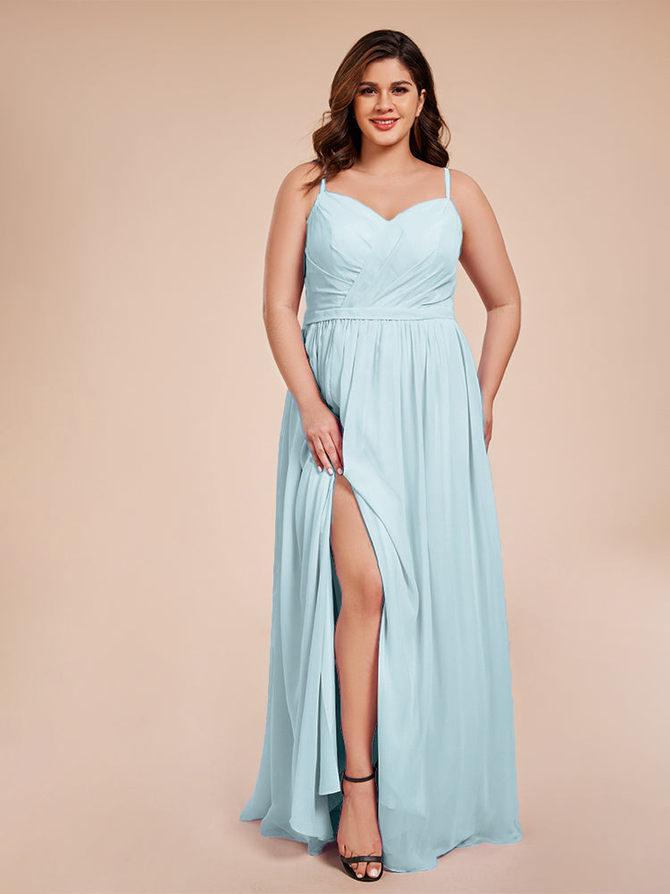 Kimora Spaghetti Straps Chiffon Plus Size Bridesmaid Dresses with Slit