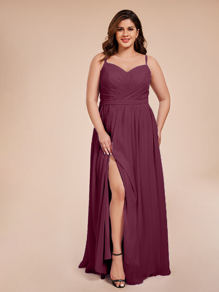 Kimora Spaghetti Straps Chiffon Plus Size Bridesmaid Dresses with Slit