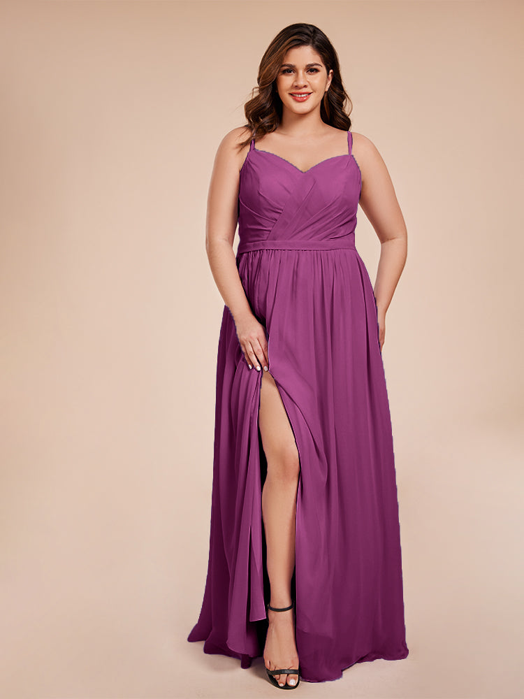 Kimora Spaghetti Straps Chiffon Plus Size Bridesmaid Dresses with Slit