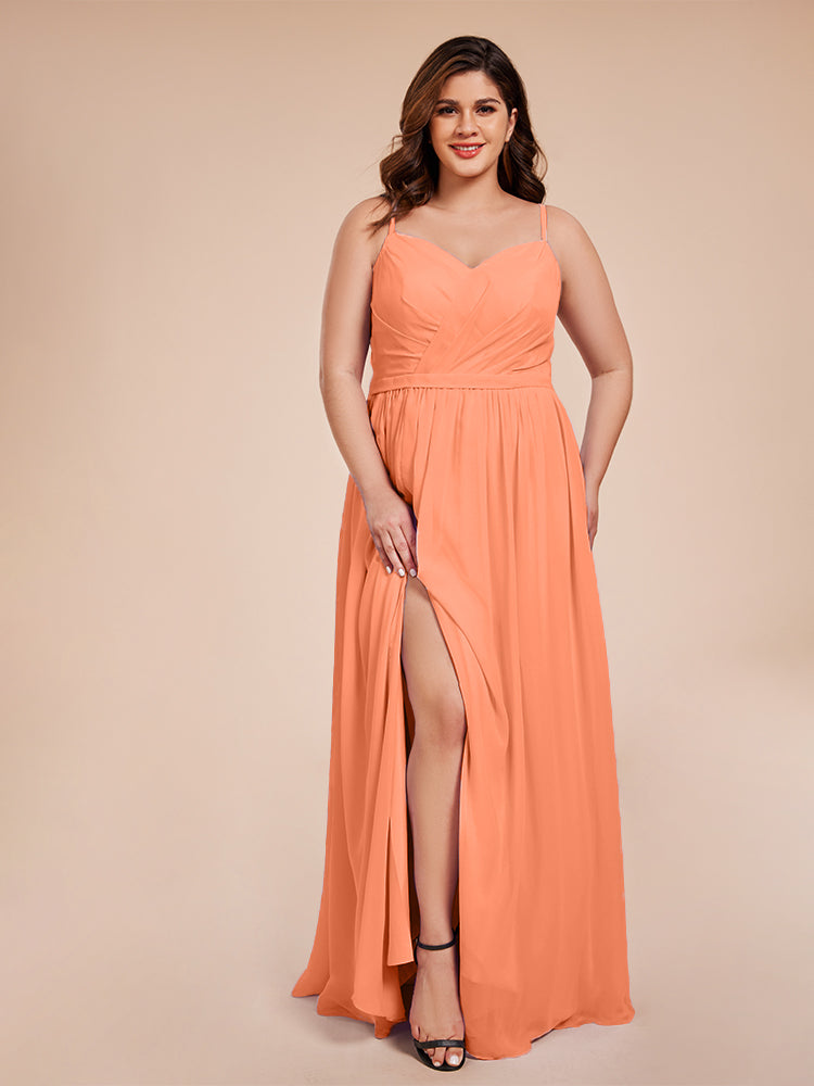 Kimora Spaghetti Straps Chiffon Plus Size Bridesmaid Dresses with Slit