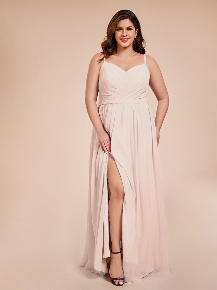 Kimora Spaghetti Straps Chiffon Plus Size Bridesmaid Dresses with Slit