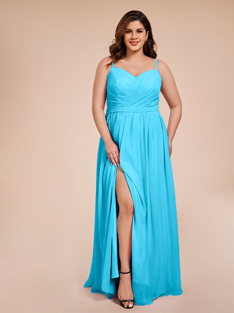 Kimora Spaghetti Straps Chiffon Plus Size Bridesmaid Dresses with Slit