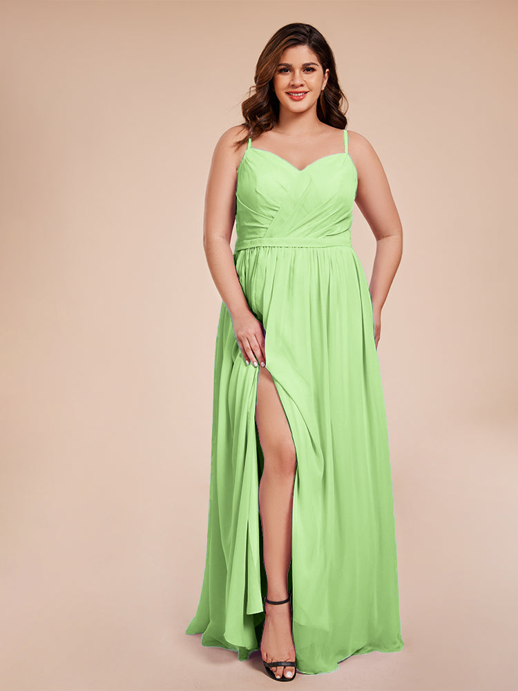 Kimora Spaghetti Straps Chiffon Plus Size Bridesmaid Dresses with Slit