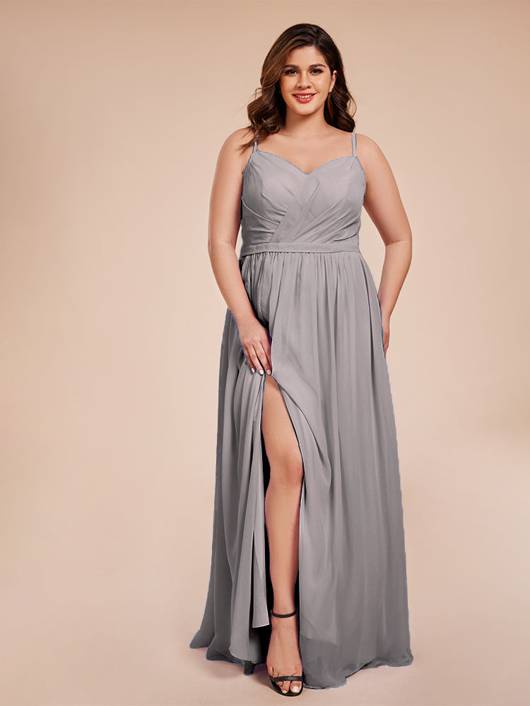 Kimora Spaghetti Straps Chiffon Plus Size Bridesmaid Dresses with Slit