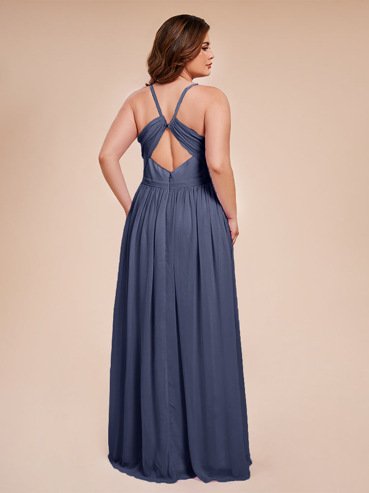 Kimora Spaghetti Straps Chiffon Plus Size Bridesmaid Dresses with Slit