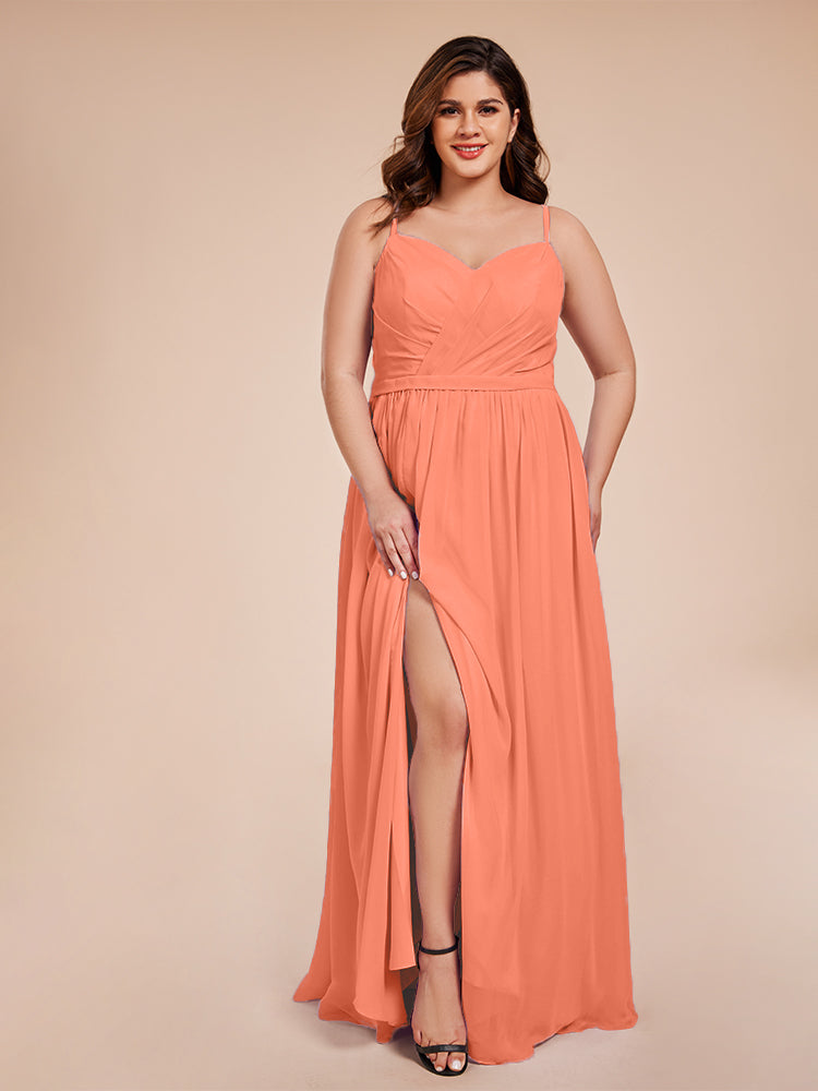 Kimora Spaghetti Straps Chiffon Plus Size Bridesmaid Dresses with Slit