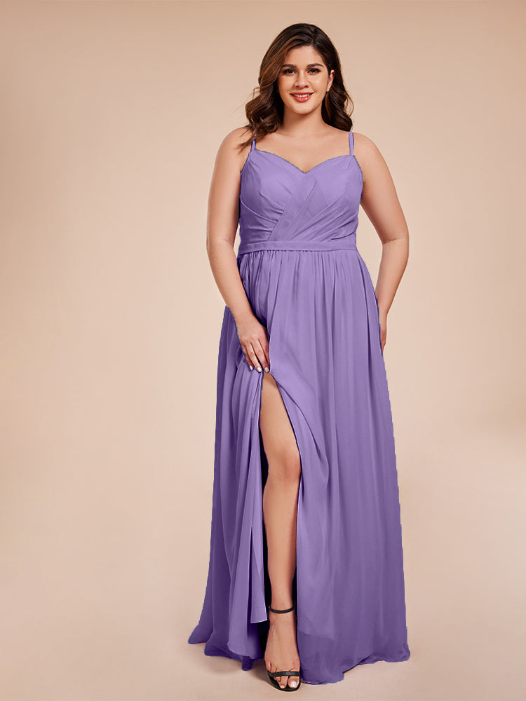 Kimora Spaghetti Straps Chiffon Plus Size Bridesmaid Dresses with Slit