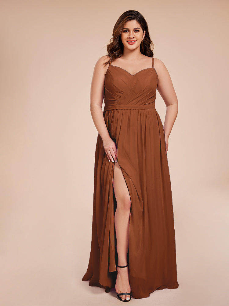 Kimora Spaghetti Straps Chiffon Plus Size Bridesmaid Dresses with Slit