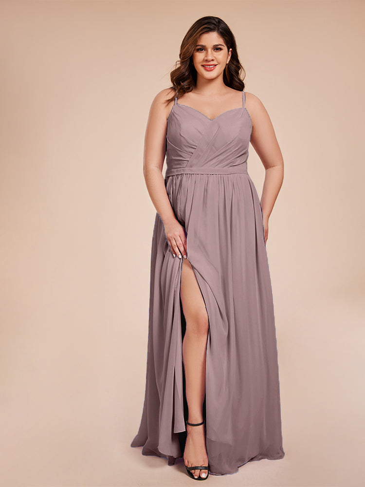 Kimora Spaghetti Straps Chiffon Plus Size Bridesmaid Dresses with Slit