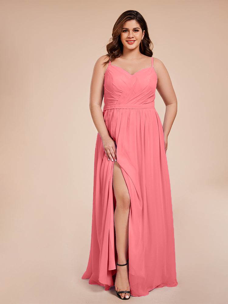 Kimora Spaghetti Straps Chiffon Plus Size Bridesmaid Dresses with Slit