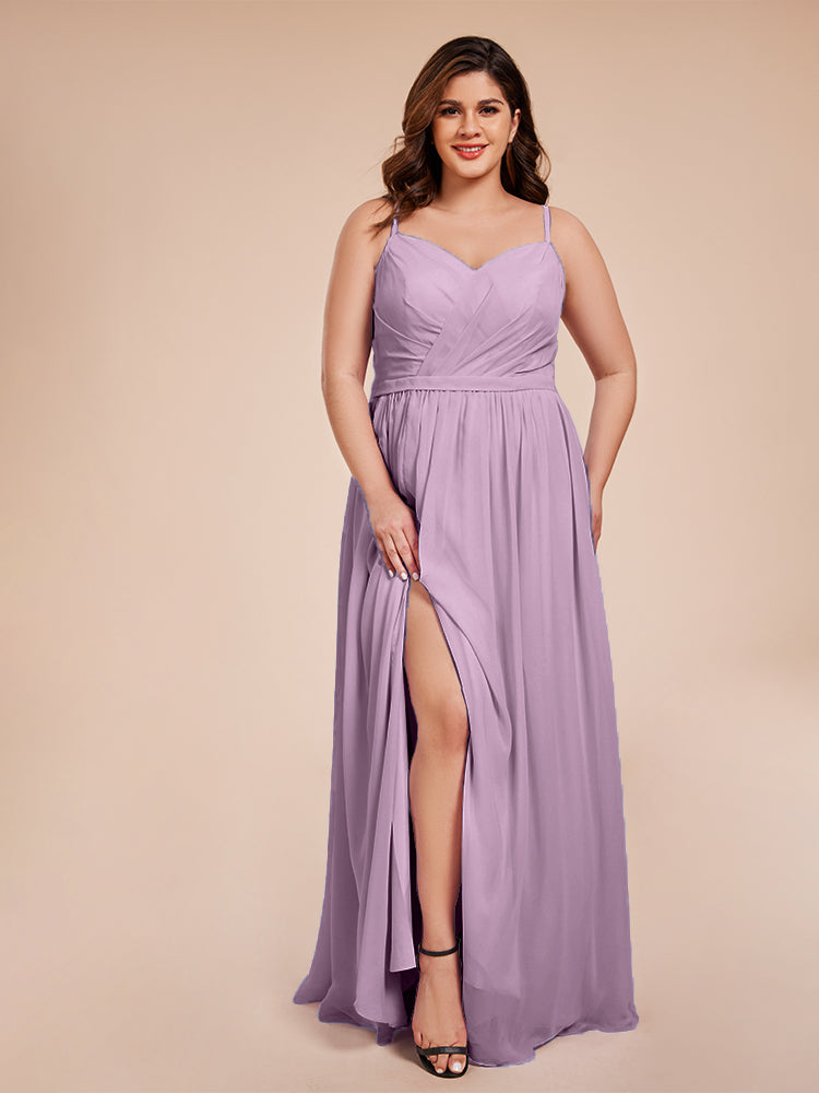 Kimora Spaghetti Straps Chiffon Plus Size Bridesmaid Dresses with Slit