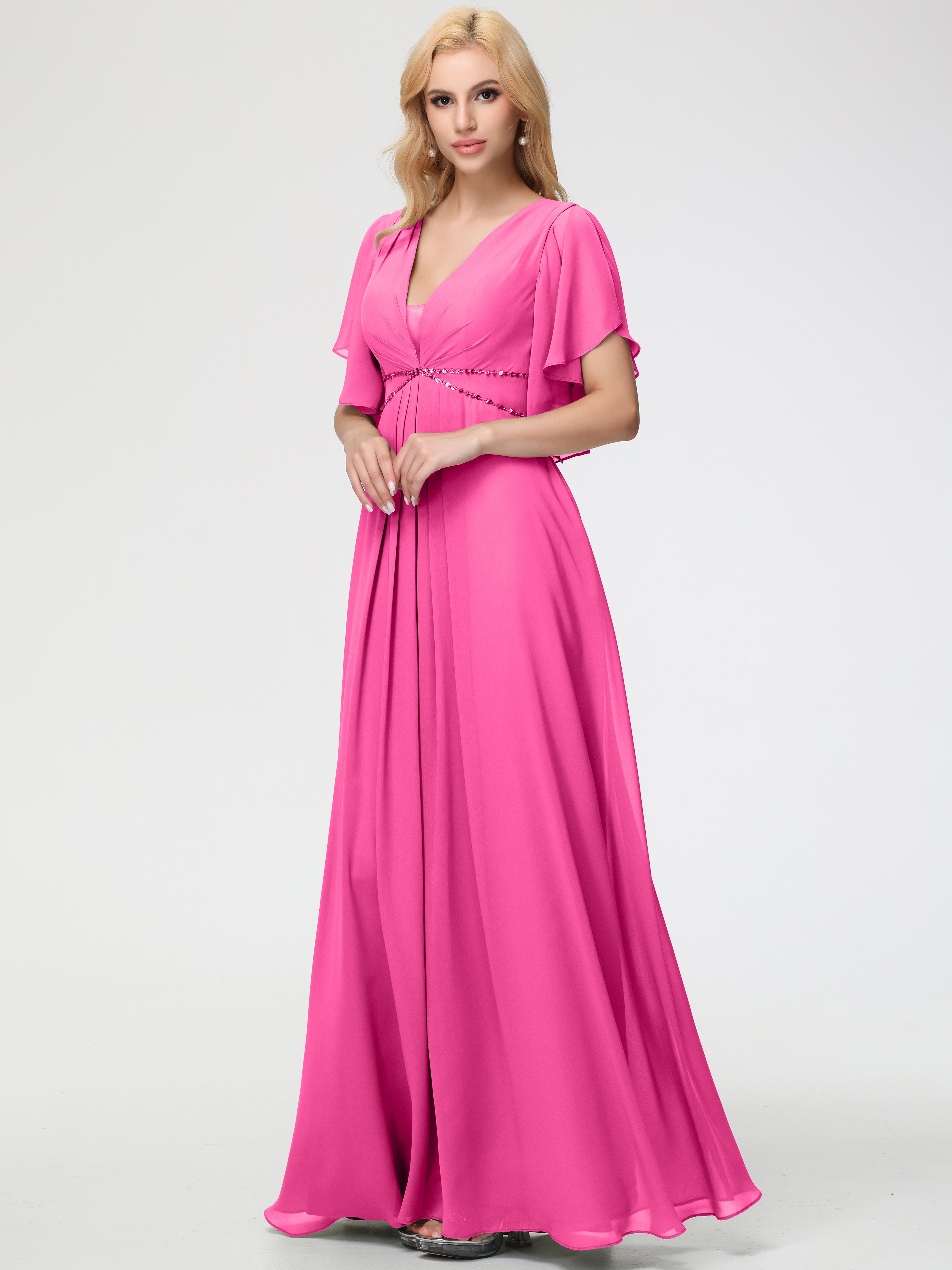 Azalea Bridesmaid Dress A-Line Short Sleeves V Neck Sequined Empire Waist Long Chiffon Bridesmaid Dresses