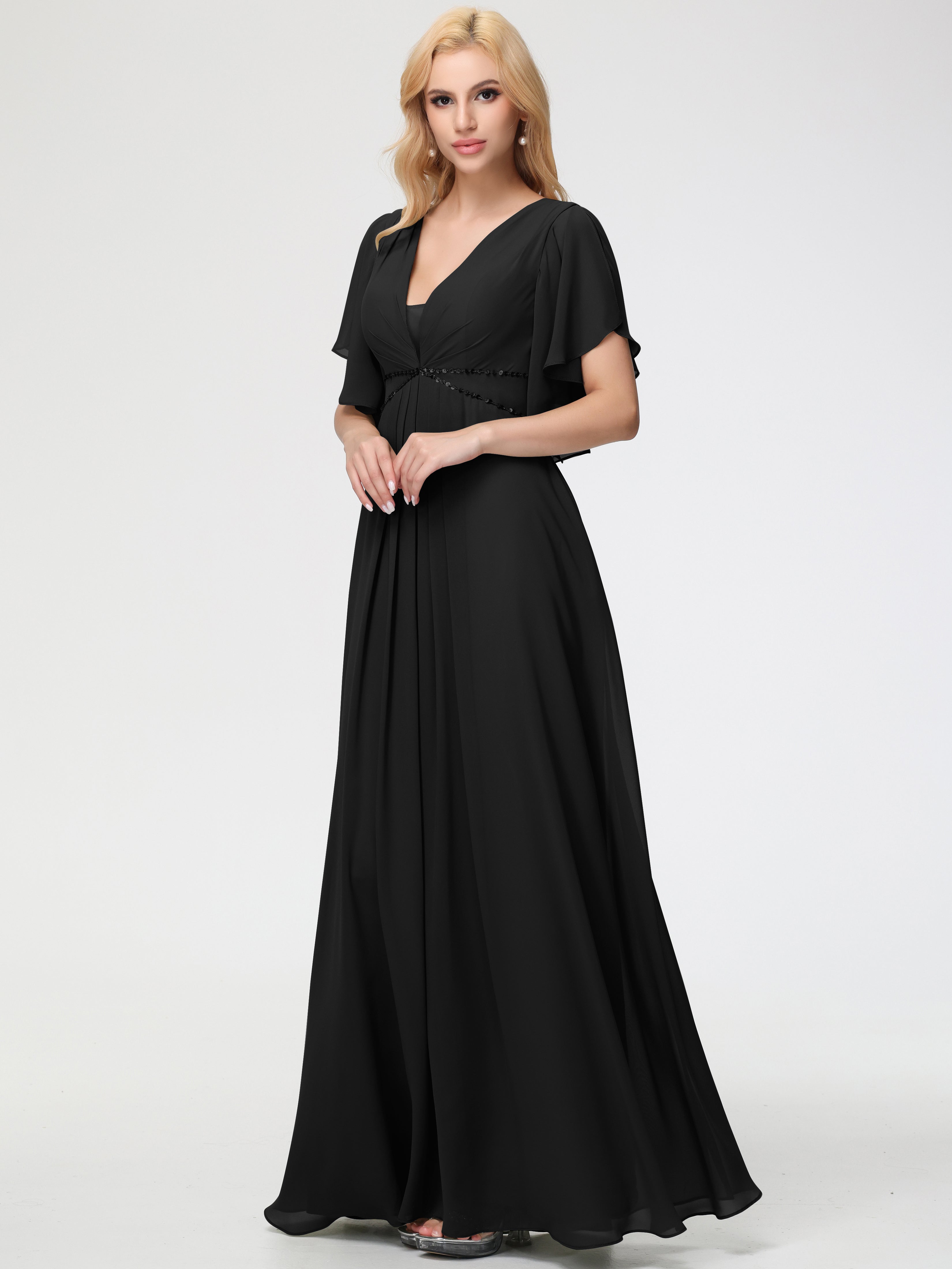 Black Bridesmaid Dresses A-Line Short Sleeves V Neck Sequined Empire Waist Long Chiffon Bridesmaid Dresses