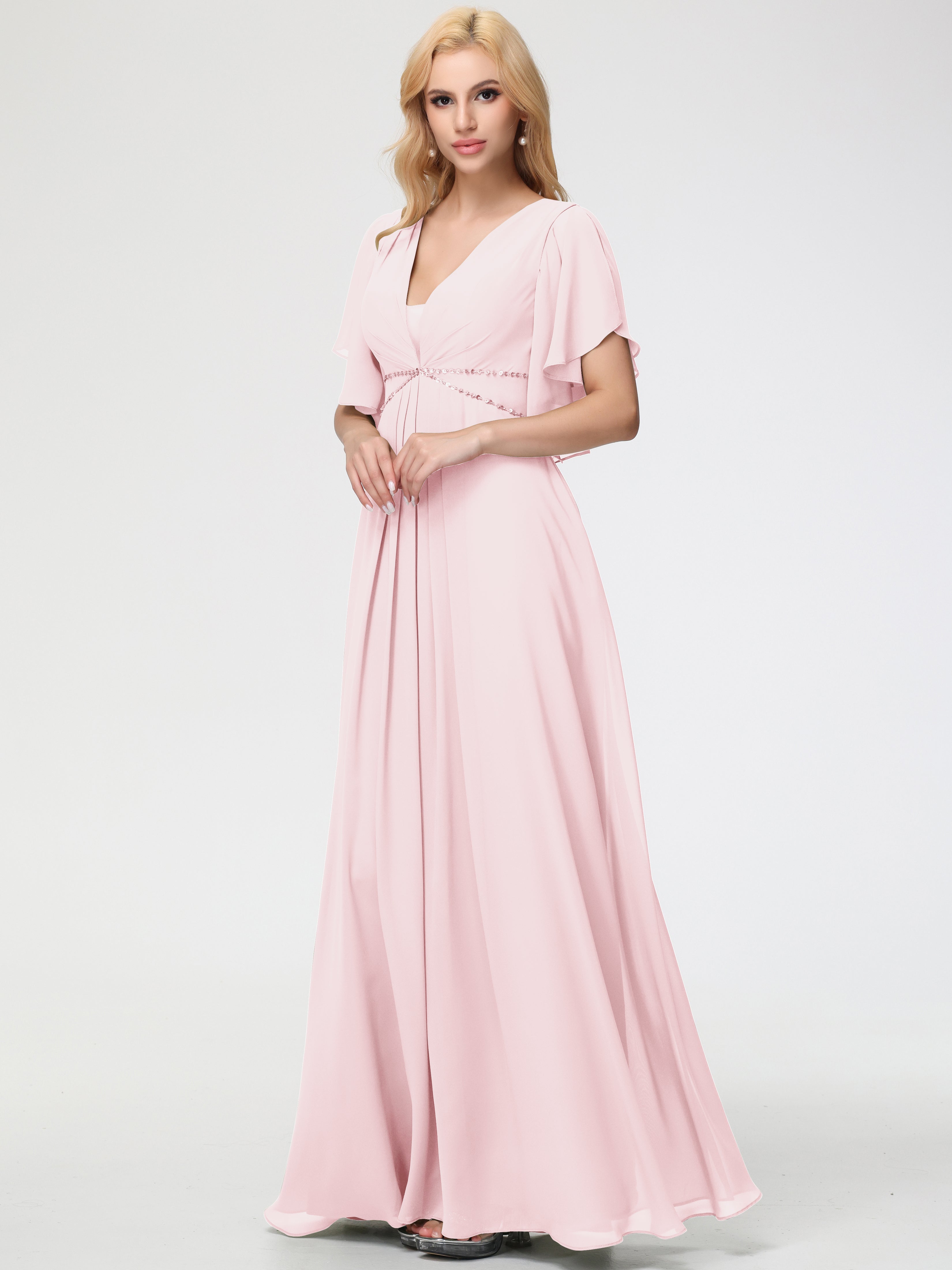 Bridesmaid Blush Pink Dresses A-Line Short Sleeves V Neck Sequined Empire Waist Long Chiffon Bridesmaid Dresses