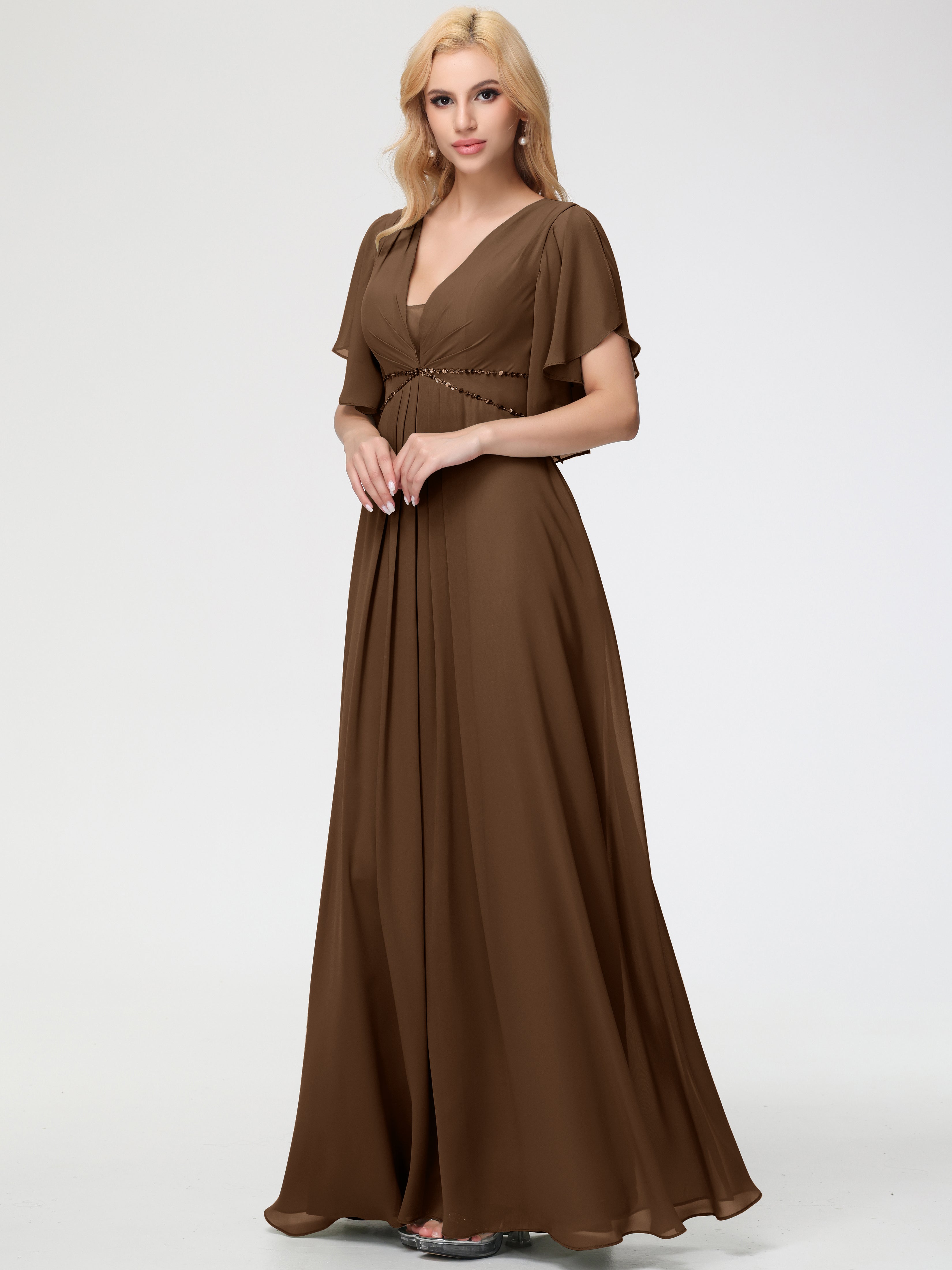 Bridesmaid Dresses Brown A-Line Short Sleeves V Neck Sequined Empire Waist Long Chiffon Bridesmaid Dresses