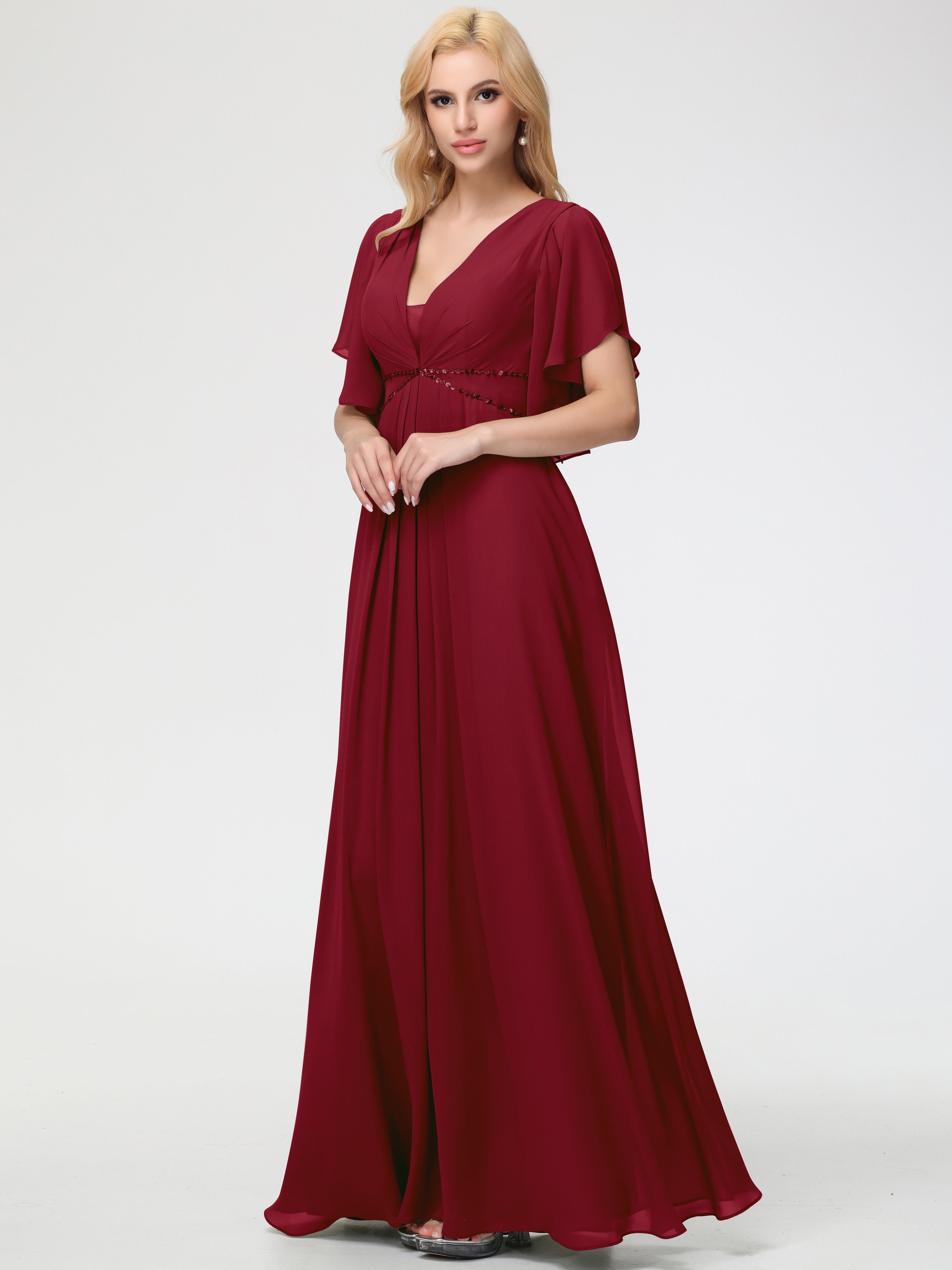 Burgundy Bridesmaid Dresses With Sleeves A-Line Short Sleeves V Neck Sequined Empire Waist Long Chiffon Bridesmaid Dresses