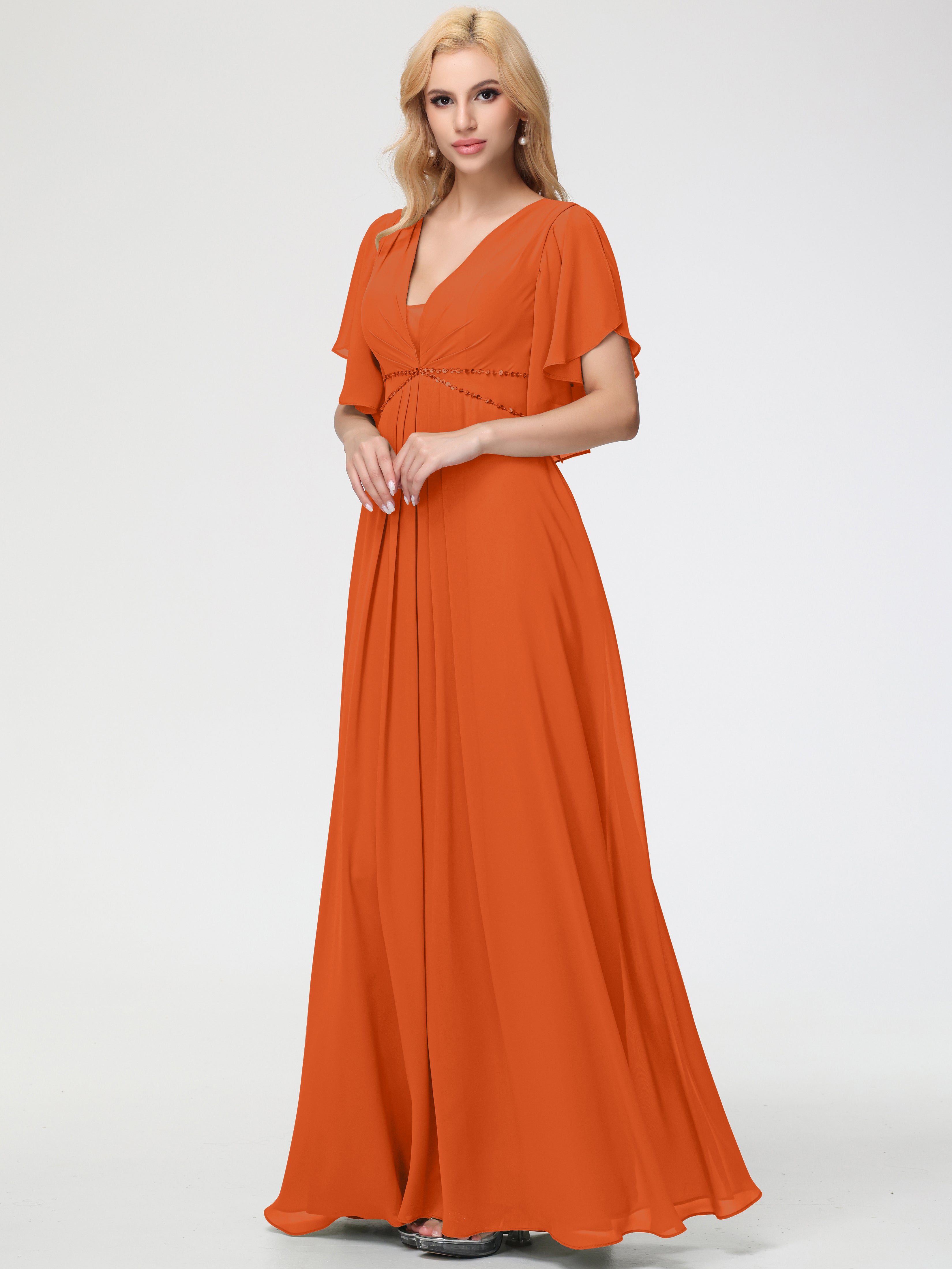 Burnt Orange Bridesmaid Dresses A-Line Short Sleeves V Neck Sequined Empire Waist Long Chiffon Bridesmaid Dresses