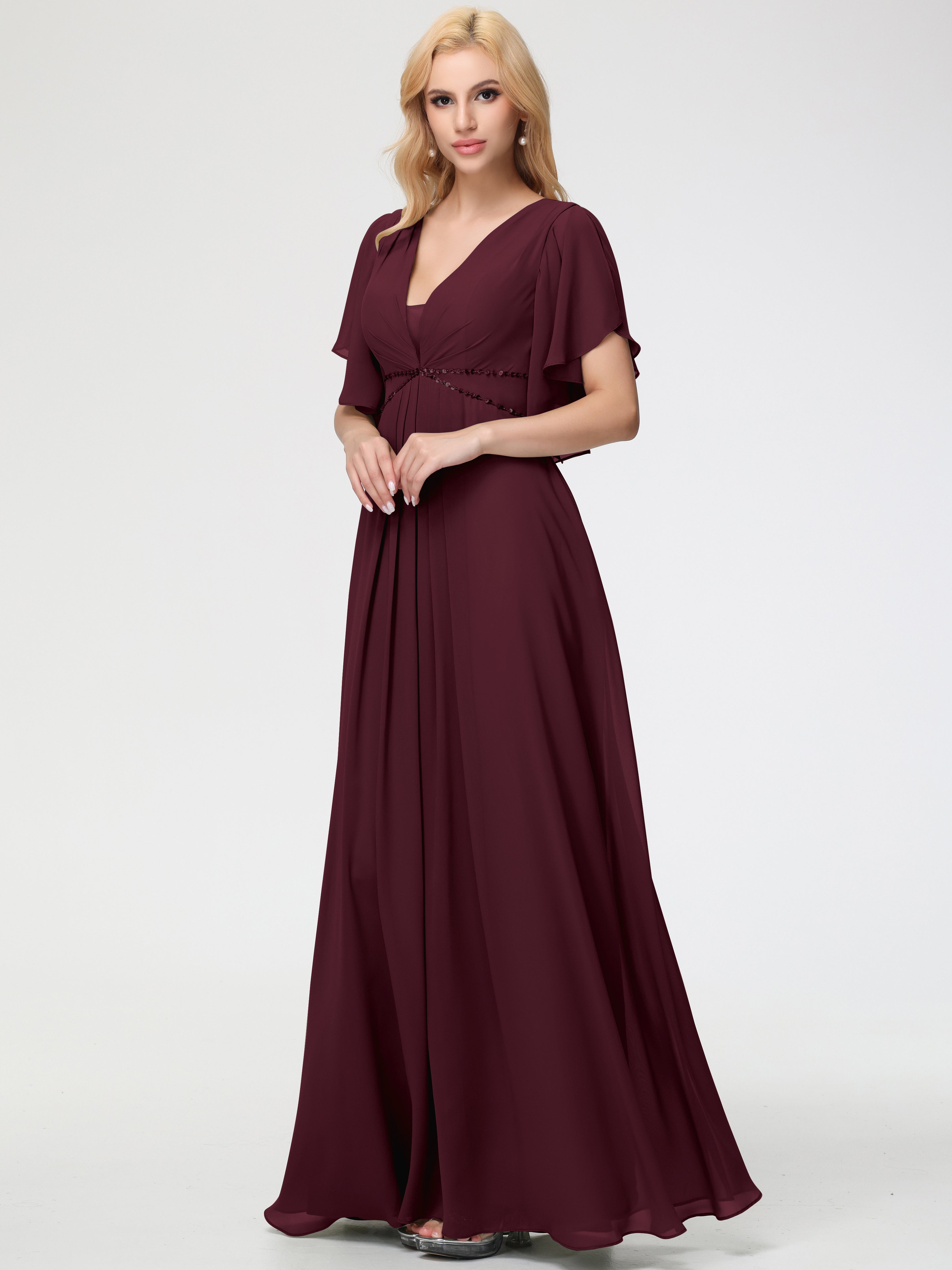 Bridesmaid Dresses Cabernet A-Line Short Sleeves V Neck Sequined Empire Waist Long Chiffon Bridesmaid Dresses