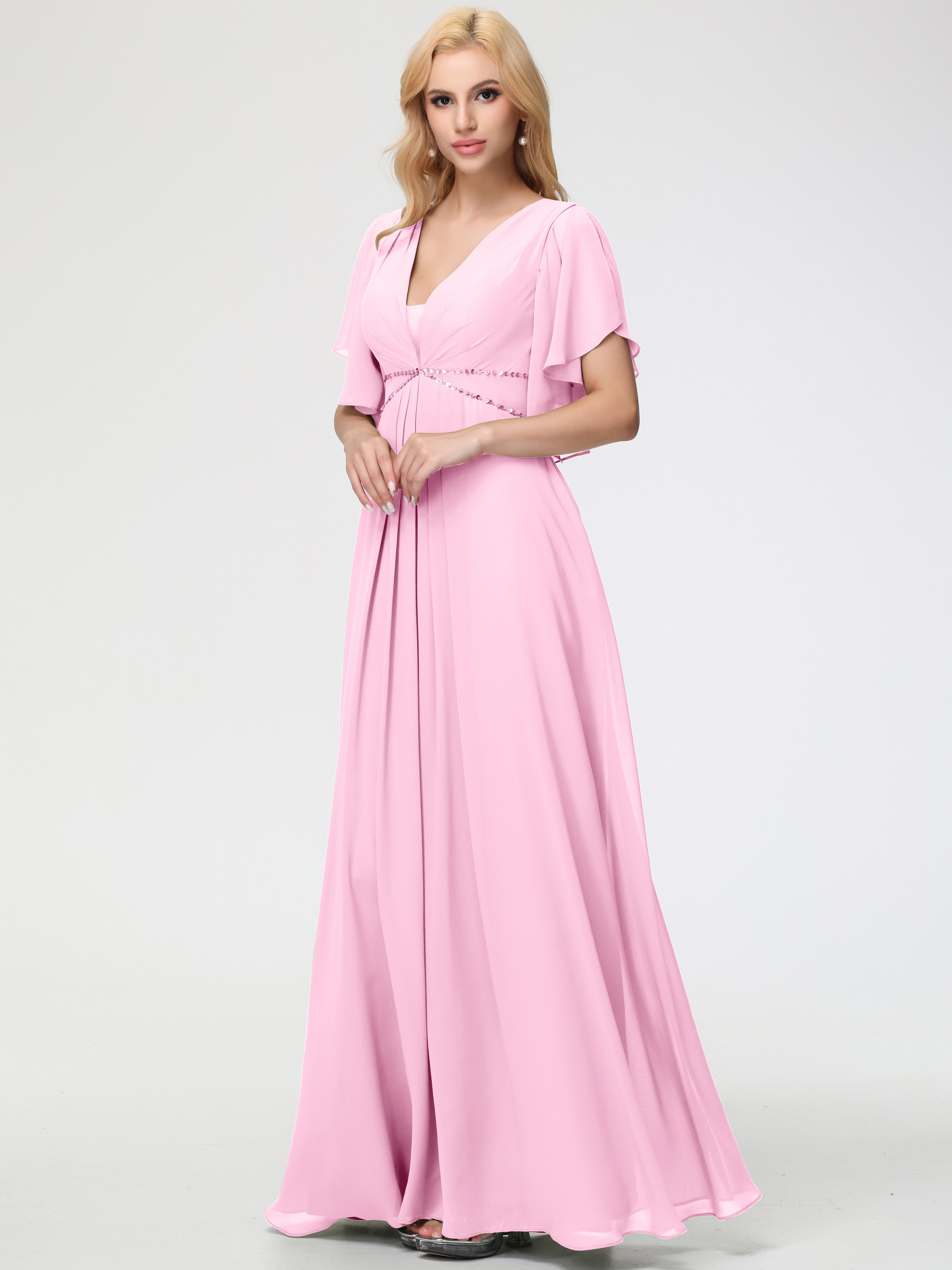 Candy Pink Bridesmaid Dresses A-Line Short Sleeves V Neck Sequined Empire Waist Long Chiffon Bridesmaid Dresses